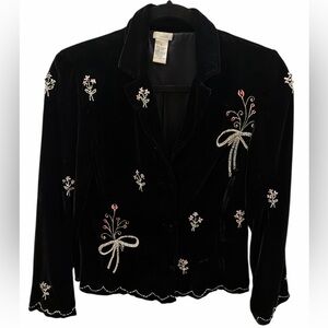 Anthropologie Odille Velvet Beaded & Embroidered Flower Jacket Size 6